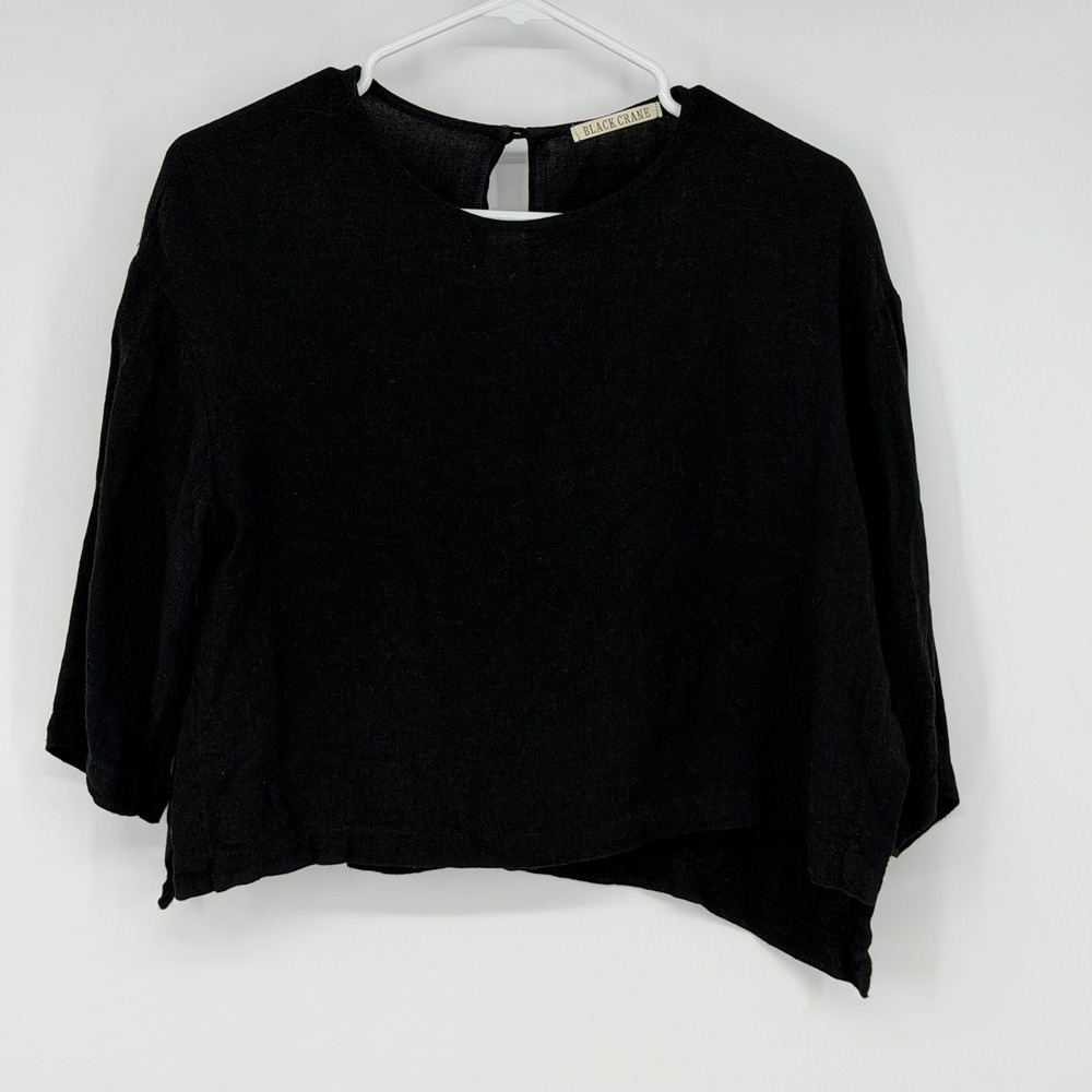 Black Crane Black Wool Rayon Boxy Cropped Top Small Made in‎ USA Lagenlook